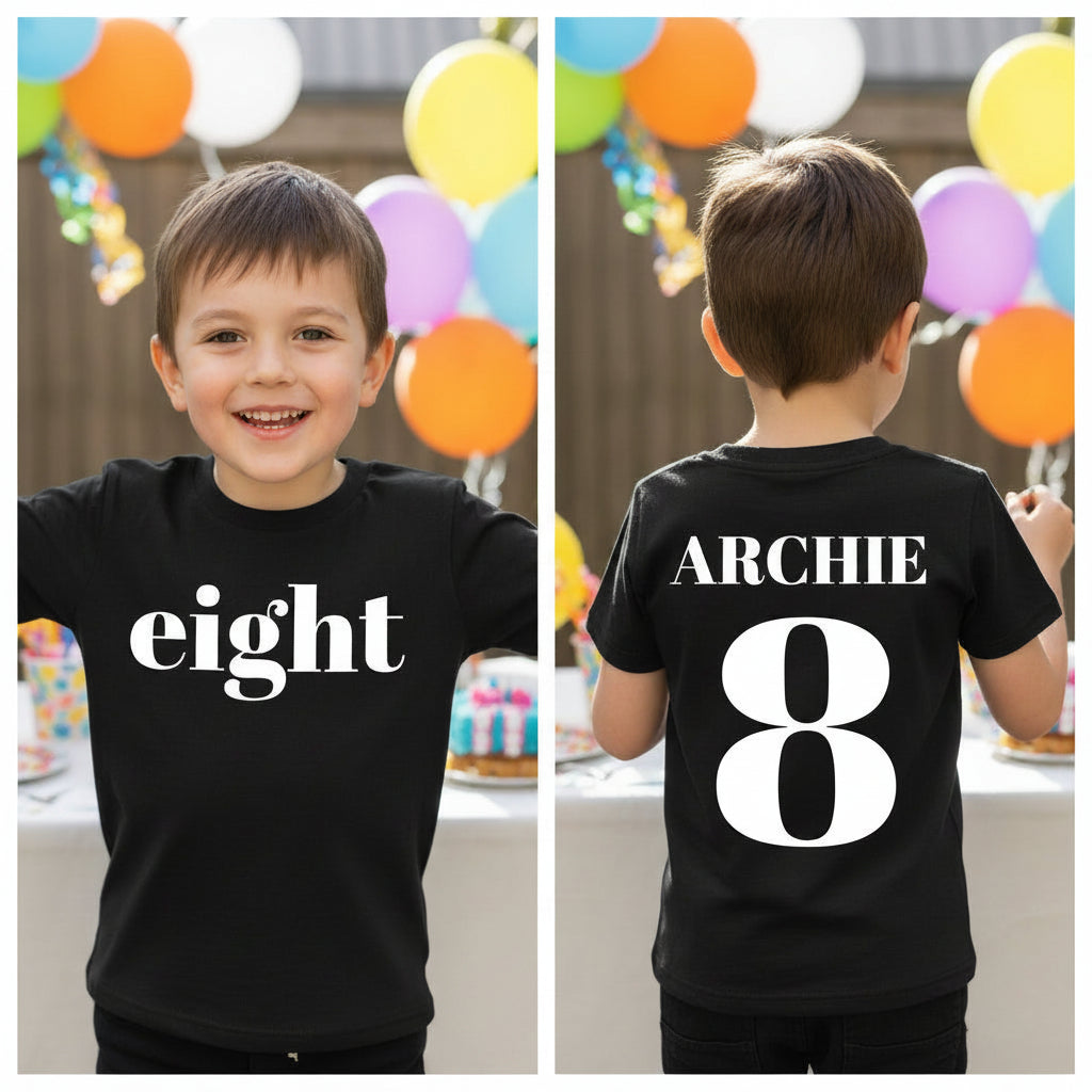 Boy wearing personalised eighth birthday t-shirt with eight on front and nameand number 8 on back