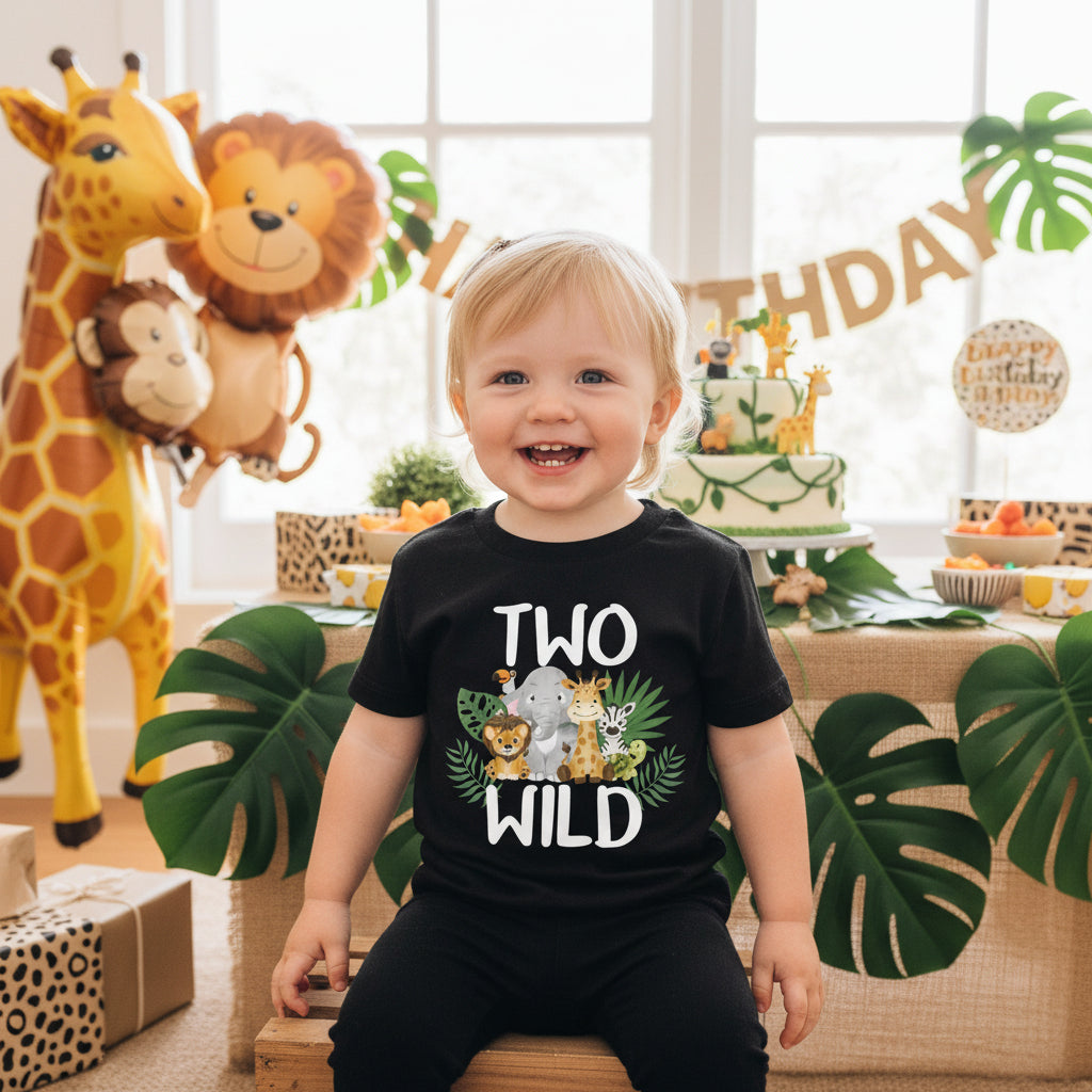 Black kids t-shirt with watercolour safari animals and bold Two Wild lettering.