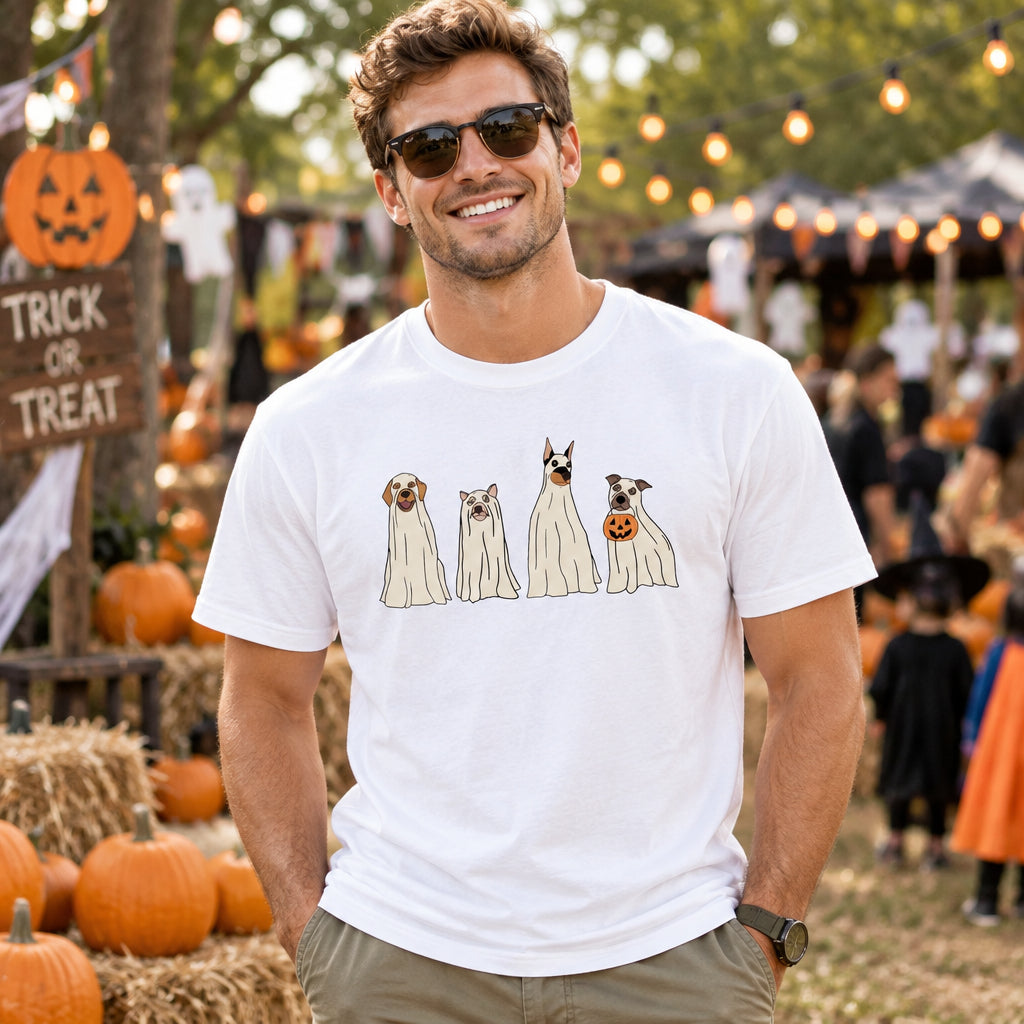 White t-shirt with four illustrated dogs dressed as ghosts, one holding a jack-o'-lantern trick-or-treat bucket