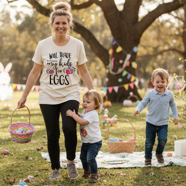 Funny Easter T-Shirt, Will Trade My Kids For Eggs T-Shirt, Easter T-Shirt, Funny Mum T-Shirt, Funny Easter Gift, Chocolate Lover T-Shirt