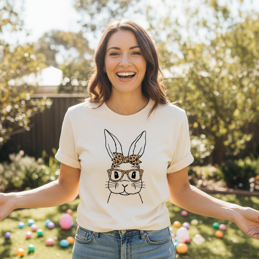 Easter T-Shirt For Women, Leopard Print Bunny Rabbit Print, Easter Bunny Shirt, Easter Egg Hunt, Easter Gift, Women's Easter T-Shirt Gift