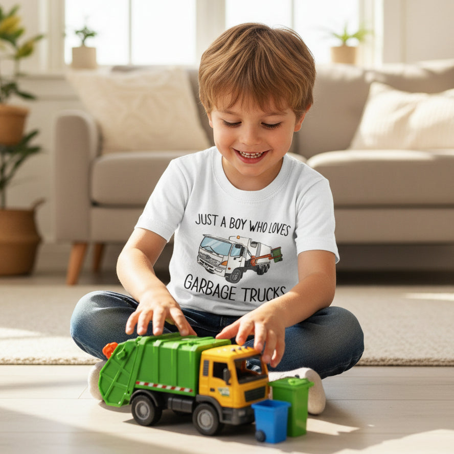 White kids t-shirt with a garbage truck illustration reading Just A Boy Who Loves Garbage Trucks.