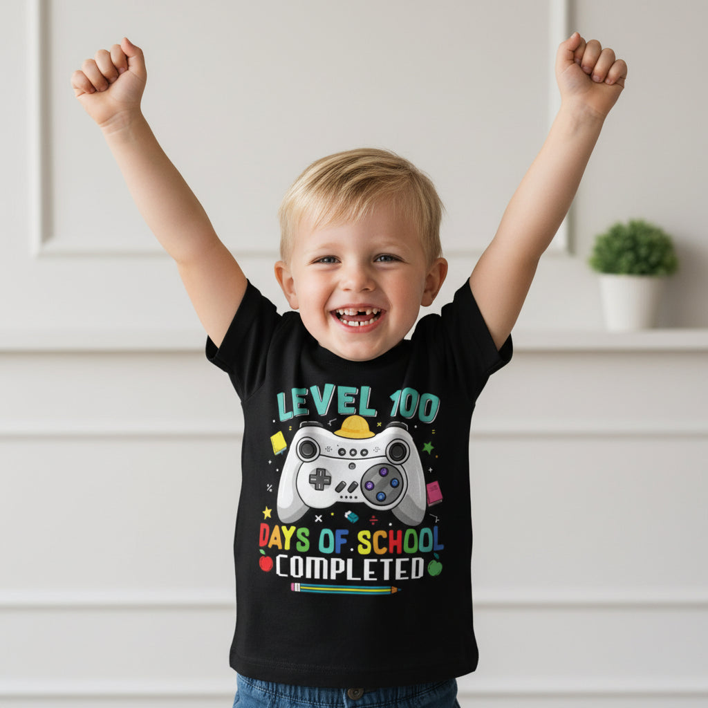 \Black kids t-shirt with a game controller reading Level 100 Days Of School Completed.