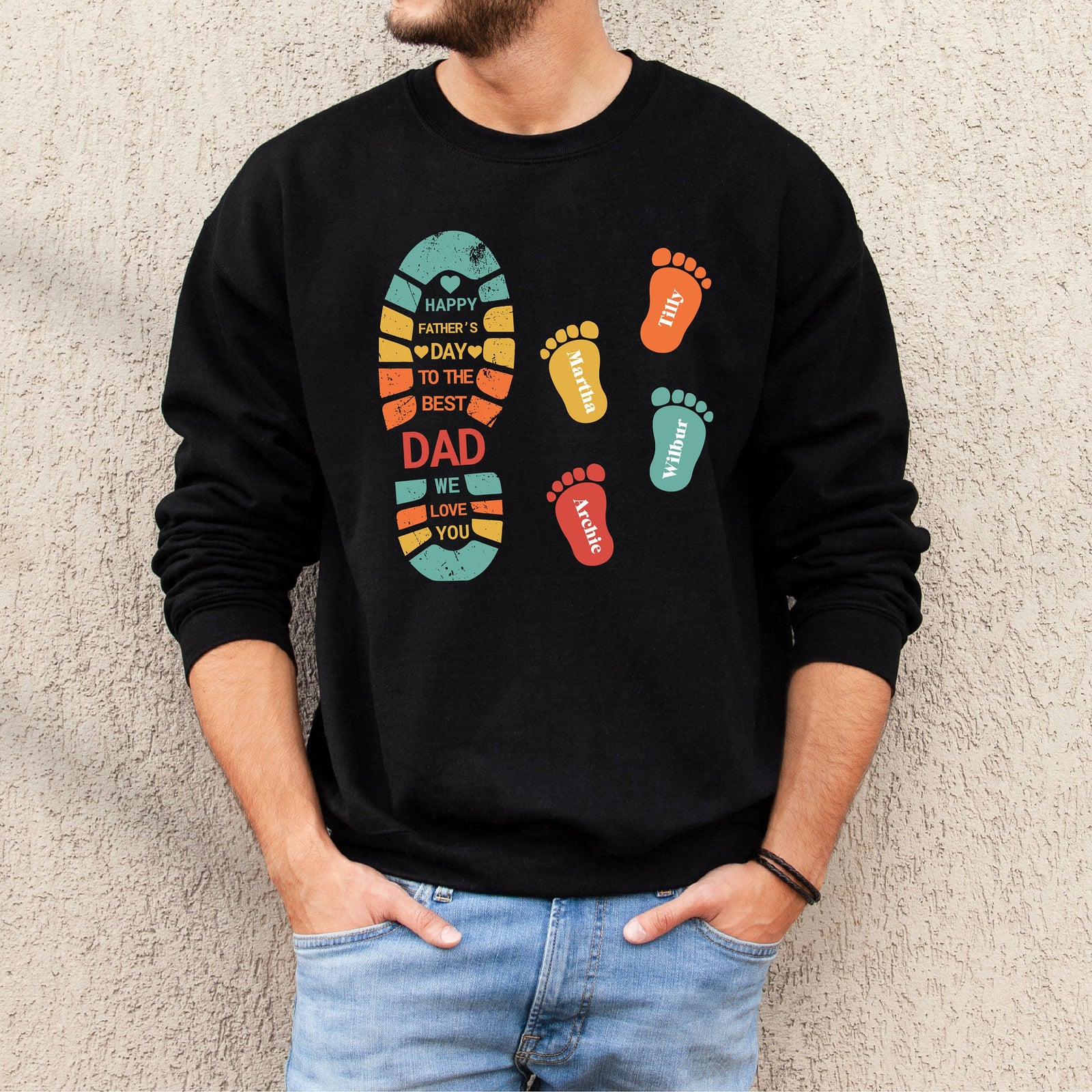Happy Father's Day To The Best Dad We Love You, Personalized Dad And Children, Father Child Footprints, Dad Kid Footprint, Dad T-Shirt Gift
