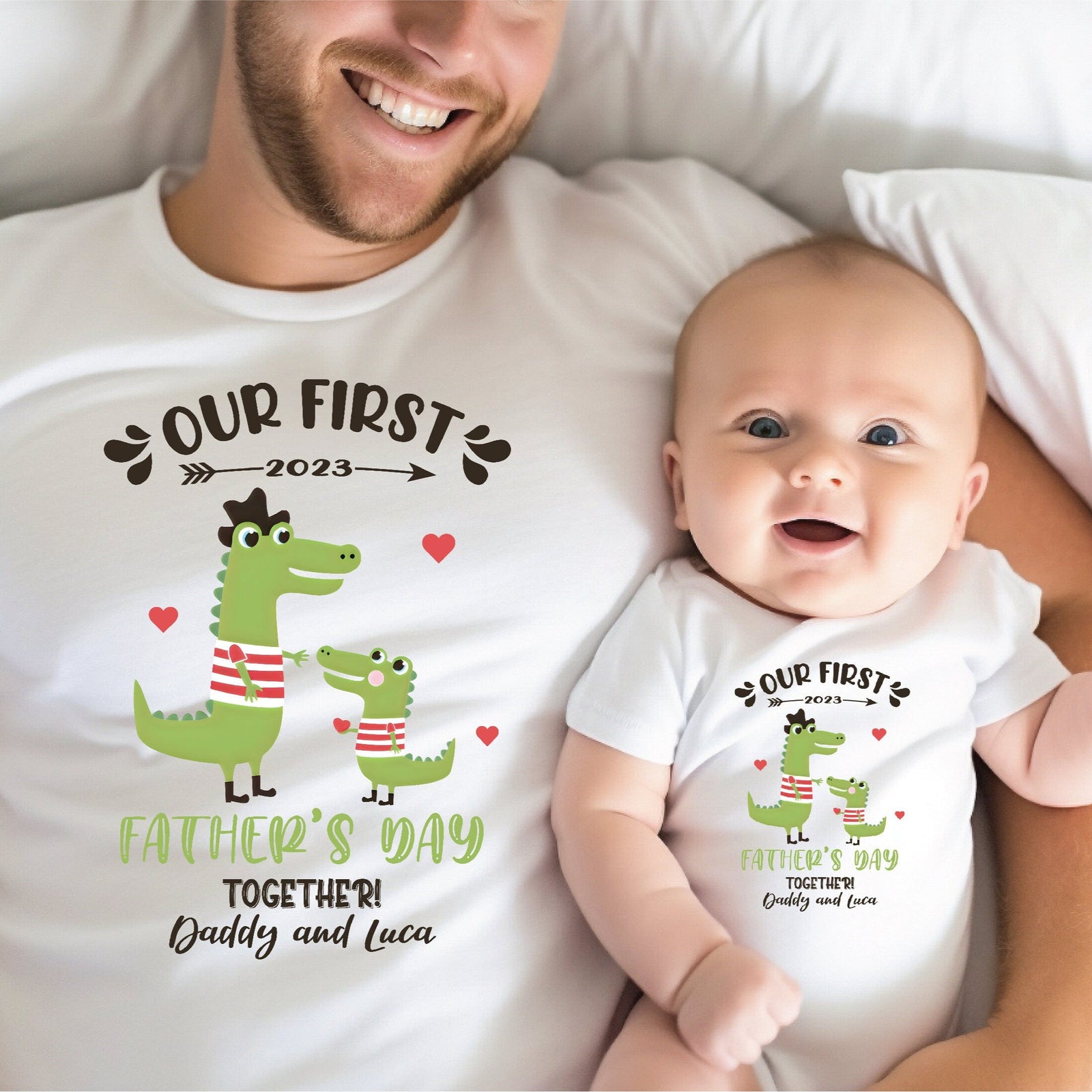 Our First Father's Day 2023 Baby Bodysuit And Dad T-Shirt With Names, Happy 1st Father's Day, Fathers Day Baby, First Fathers Day Baby Gift