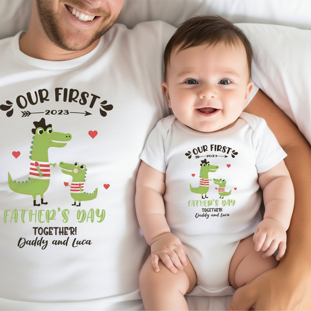 Dad and baby in matching white tops with a cartoon crocodile dad and baby crocodile, personalised with names and the year.