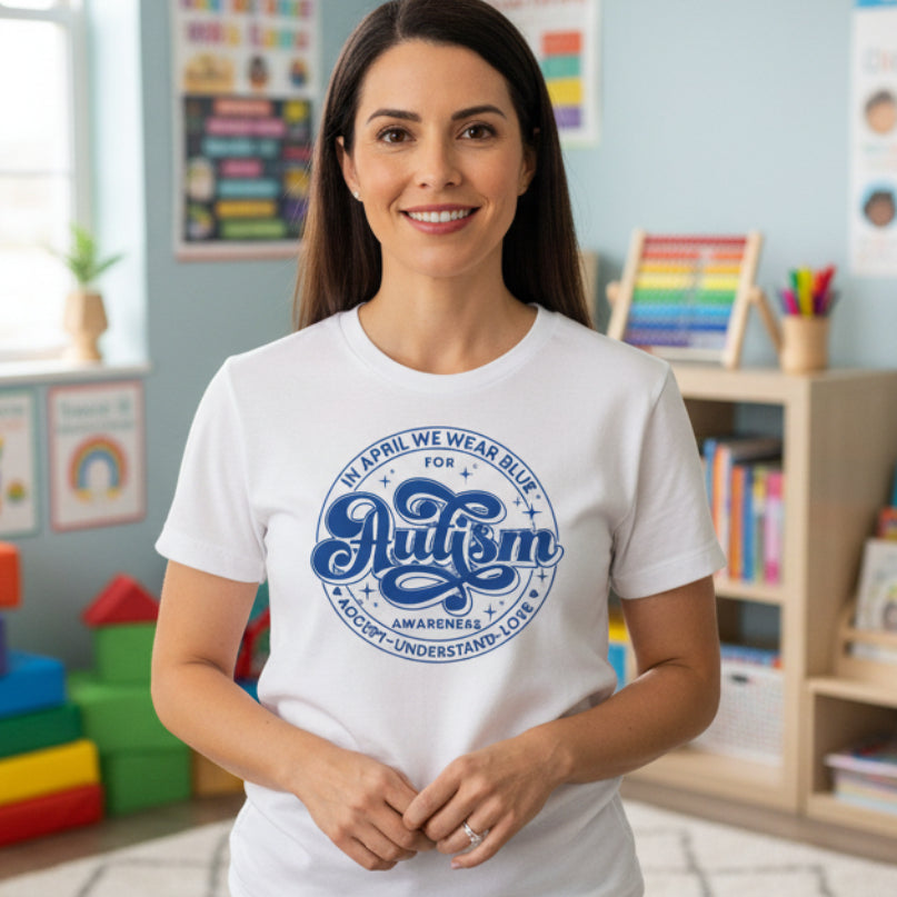 Autism awareness t-shirt Australia in April we wear blue badge design autism awareness accept understand love white tee