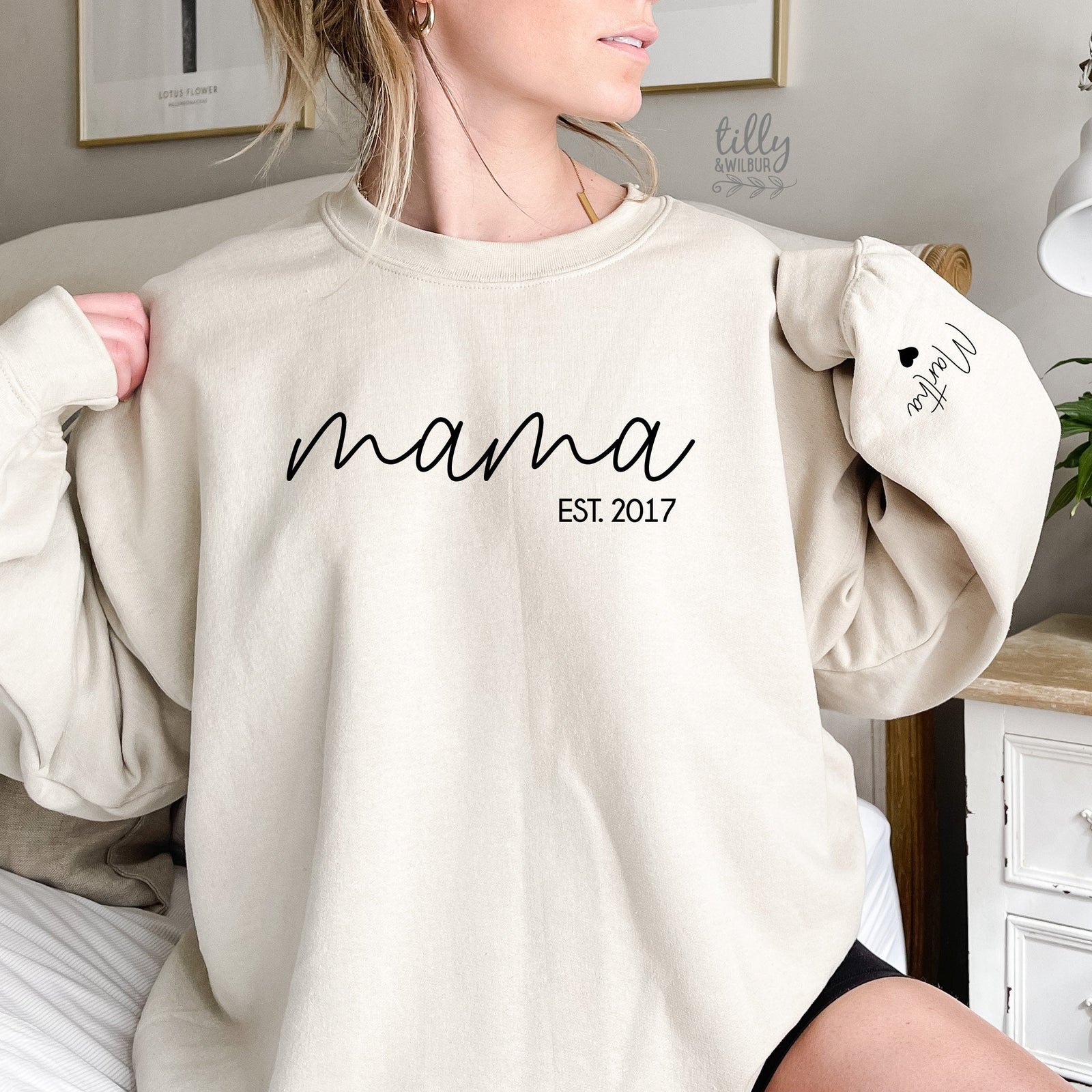 Personalised mama sweatshirt with custom est year and sleeve names beige jumper Australia