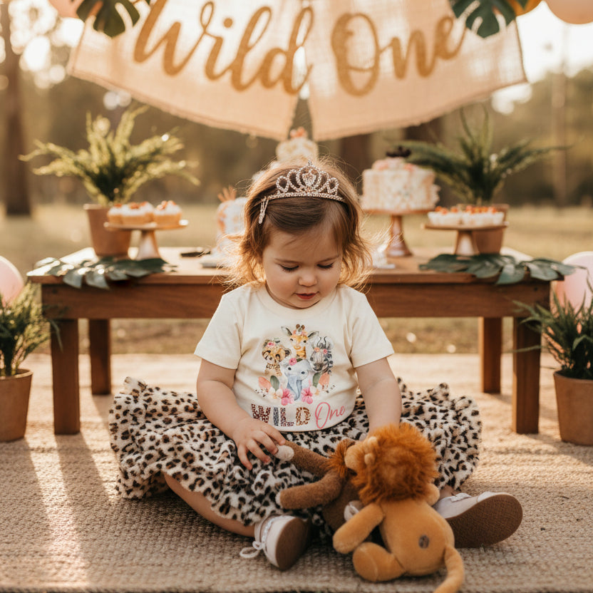 Toddler wearing a cream t-shirt with a Wild One safari animals design at a jungle-themed first birthday.
