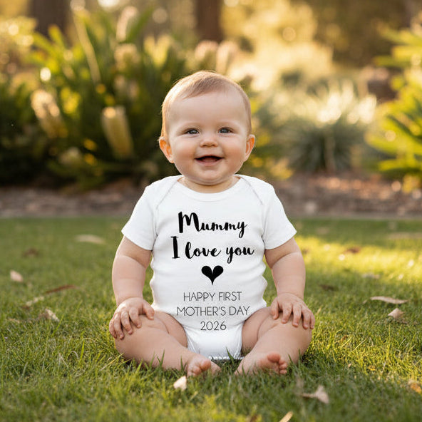 Mummy I love you Happy first Mother’s Day baby bodysuit white, newborn gift outfit Australia