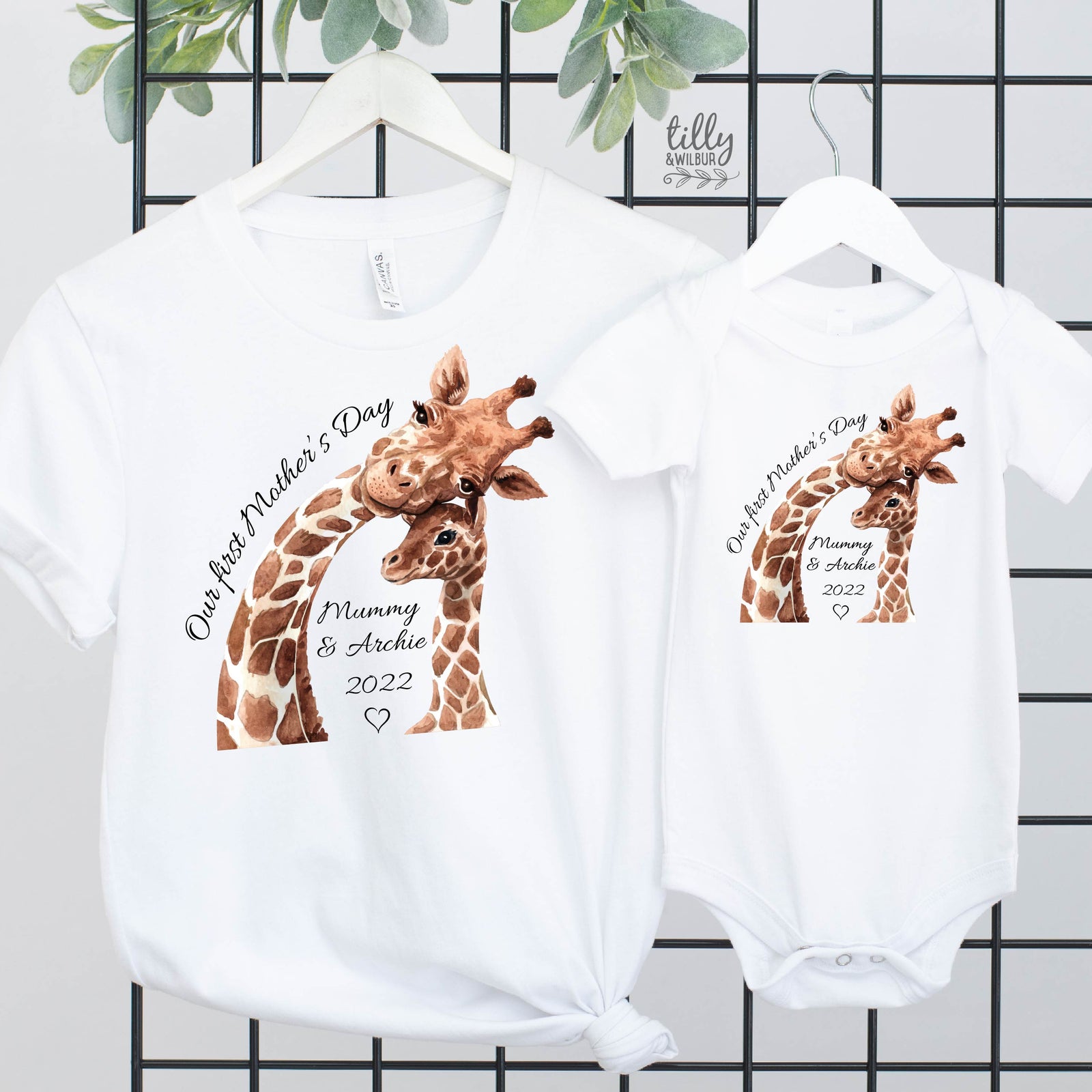 Personalised first Mother’s Day shirts giraffe design custom names and year mum and baby matching outfit Australia