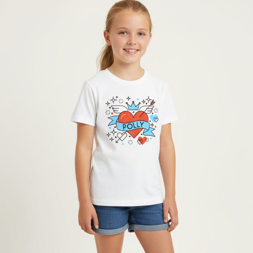 A white t-shirt with a personalized Valentine's Day design featuring a heart and the name 'Polly' in a colorful, vibrant illustration.
