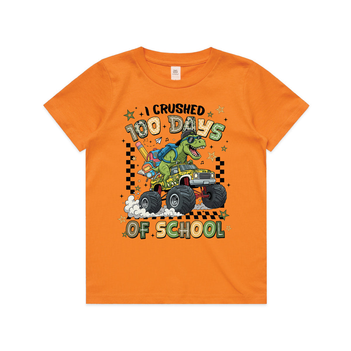 Orange kids t-shirt with a T-Rex driving a monster truck reading I Crushed 100 Days Of School.
