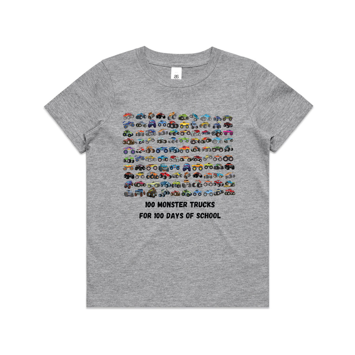 Grey kids t-shirt printed with a grid of one hundred colourful monster trucks above the words 100 Monster Trucks For 100 Days Of School.
