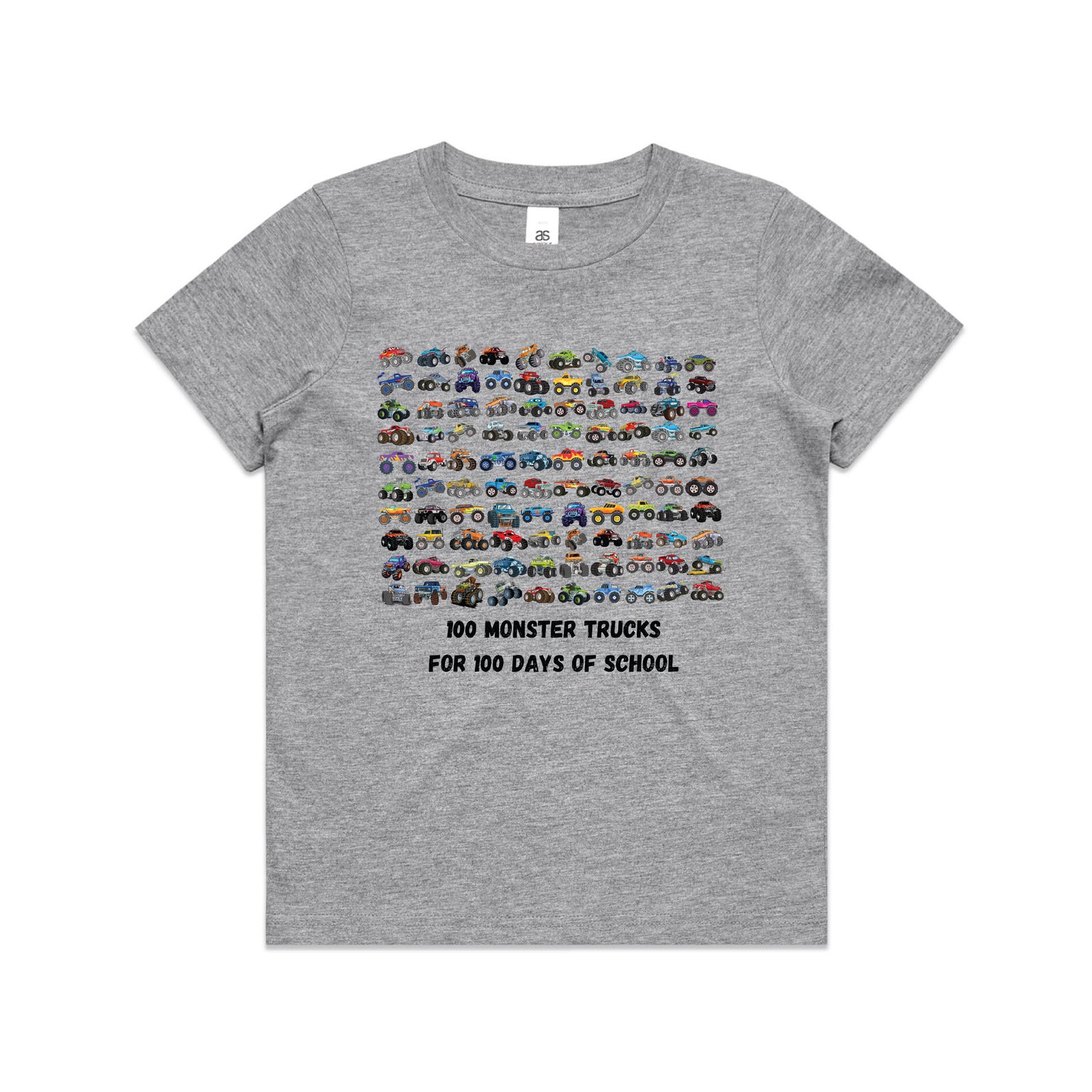 Grey kids t-shirt printed with a grid of one hundred colourful monster trucks above the words 100 Monster Trucks For 100 Days Of School.