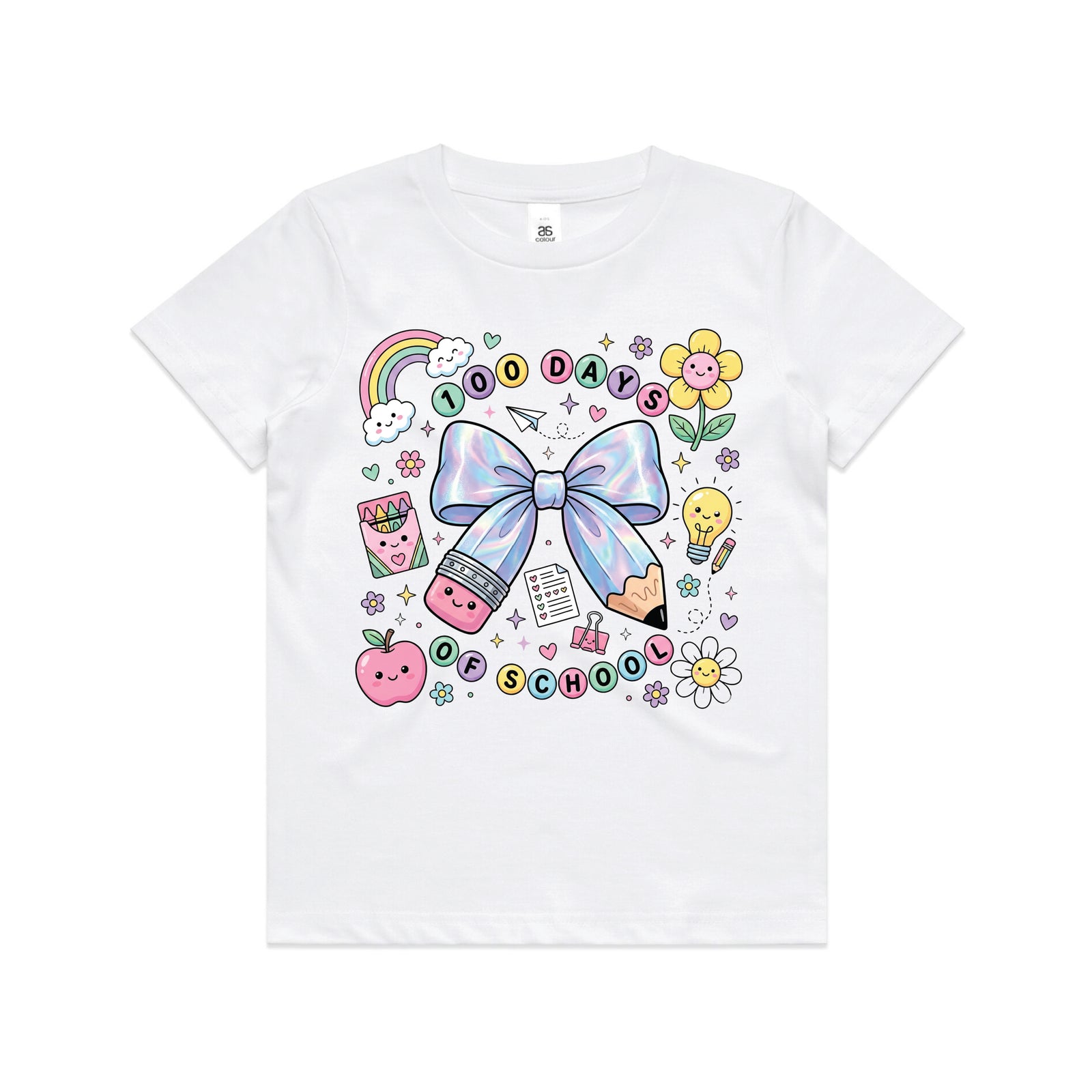 A white short-sleeve t-shirt with a colorful '100 Days of School' graphic on the front, featuring a large pastel blue bow, rainbow, flowers, and school-themed doodles.