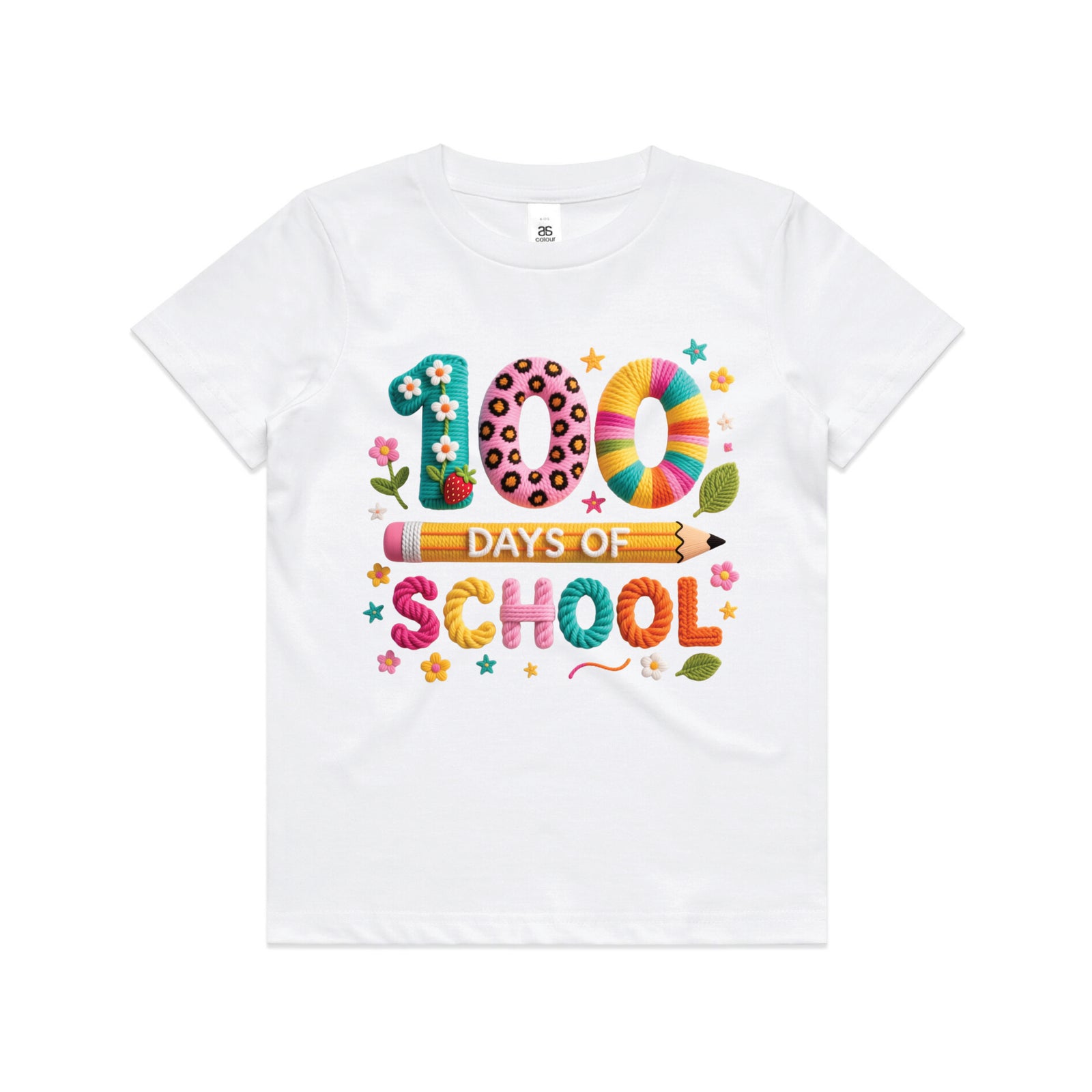 White kids t-shirt with 100 Days Of School in an embroidery style yarn lettering with flowers and a pencil.