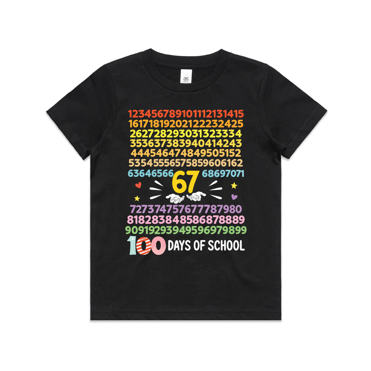 Black kids t-shirt counting from 1 to 100 in rainbow colours with the number 67 enlarged and two hands below it.