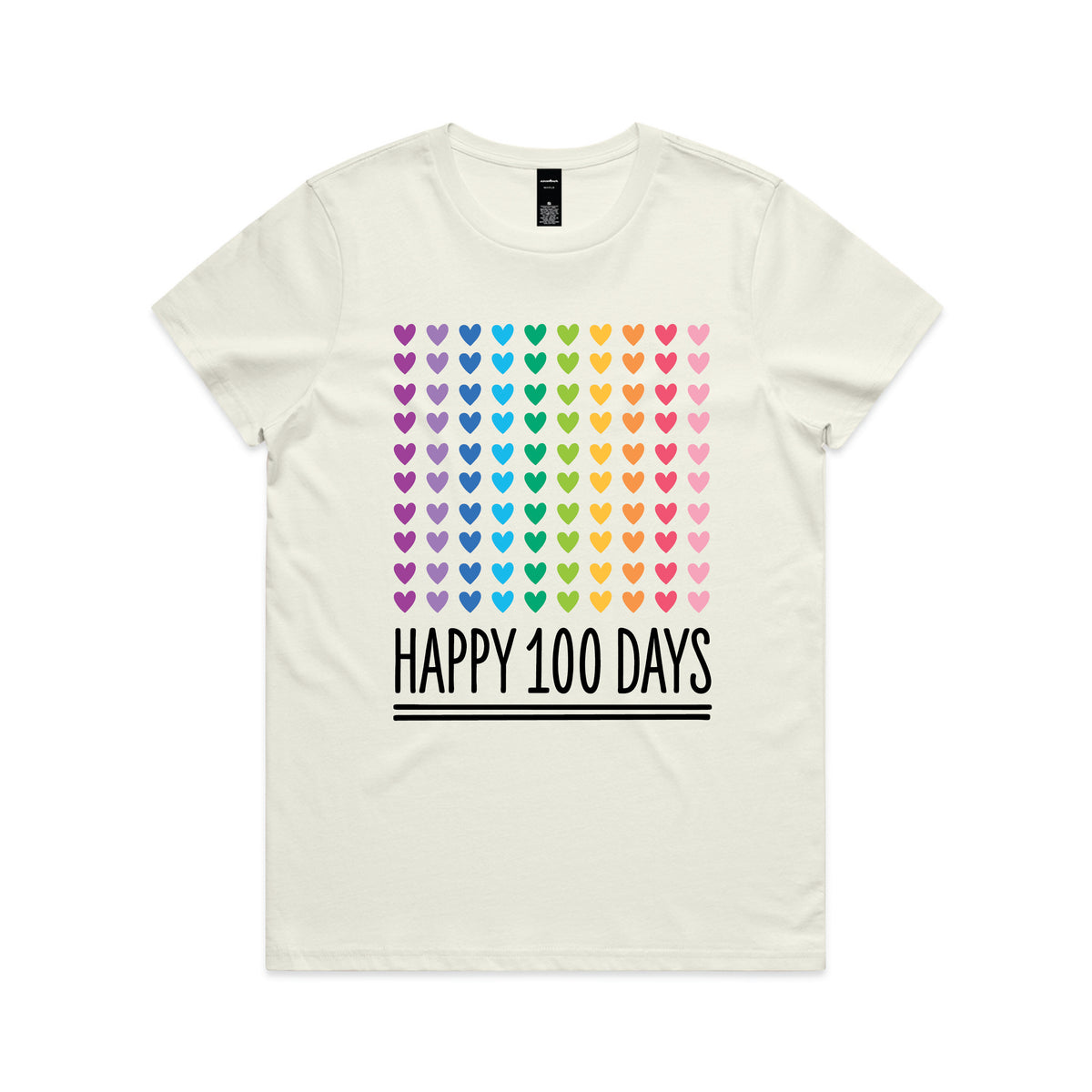 Natural coloured t-shirt with one hundred rainbow hearts above the words Happy 100 Days.