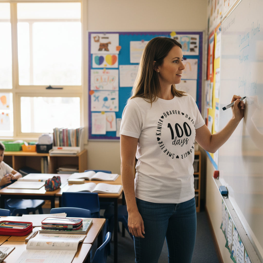 A female teacher in a classroom wearing a white graphic t-shirt with with '100 Days' in the centre of a circle reading 'braver, brighter, stronger, smarter and kinder.' printed on the front.