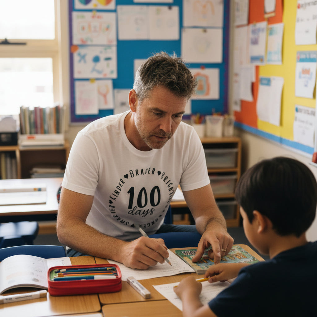 A man wearing a white graphic t-shirt with with '100 Days' in the centre of a circle reading 'braver, brighter, stronger, smarter and kinder.' printed on the front sits at a desk in a classroom, writing in a notebook next to a child.
