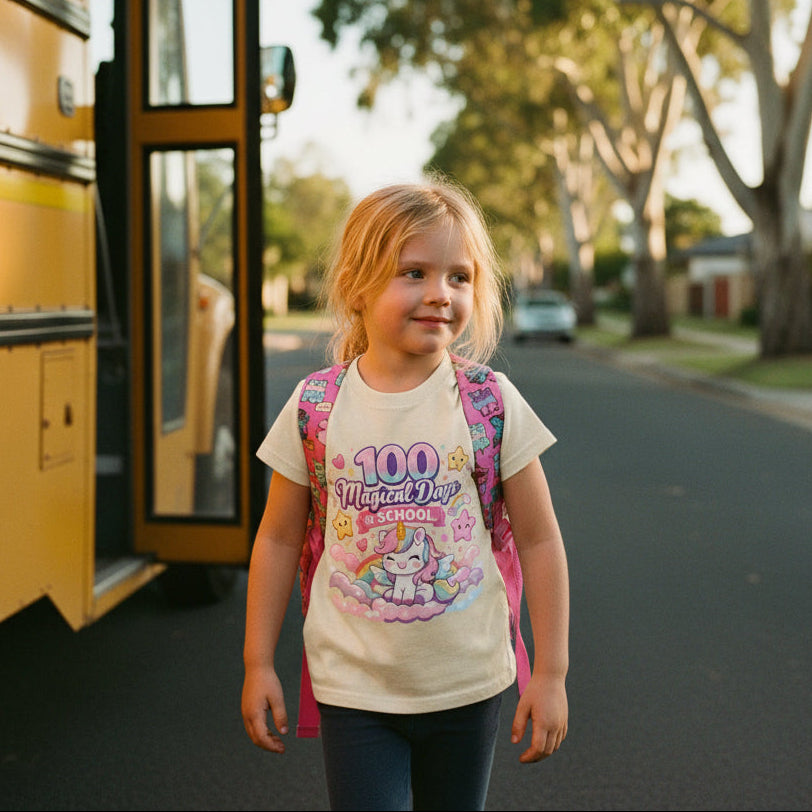 A young girl stands on a school bus street stop wearing a cream graphic t-shirt that says '100 Magical Days School' with a unicorn design, a pink backpack, and dark jeans. The background shows a yellow school bus and a sunny, tree-lined street.