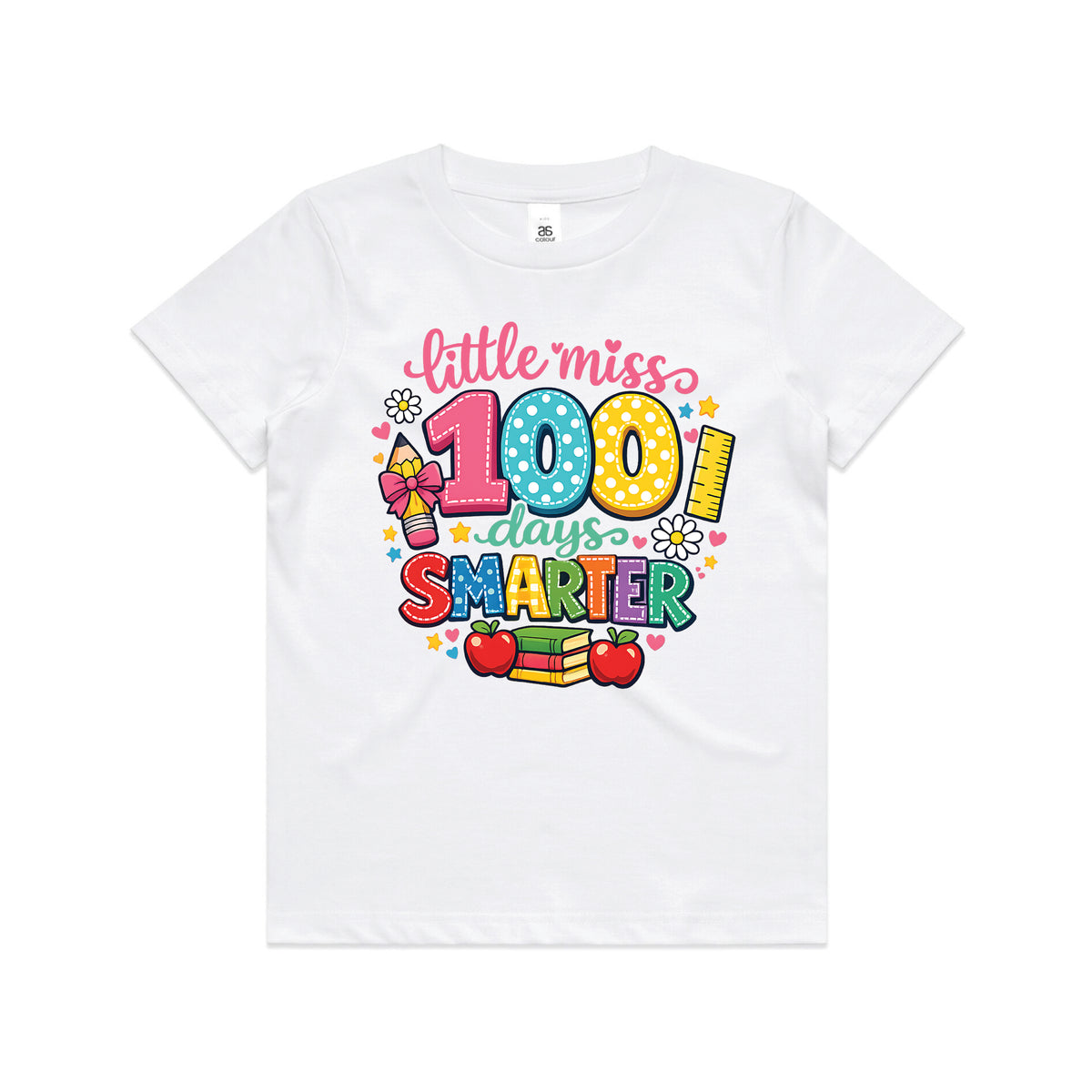 White kids t-shirt reading Little Miss 100 Days Smarter with a pencil, daisies, apples and books.