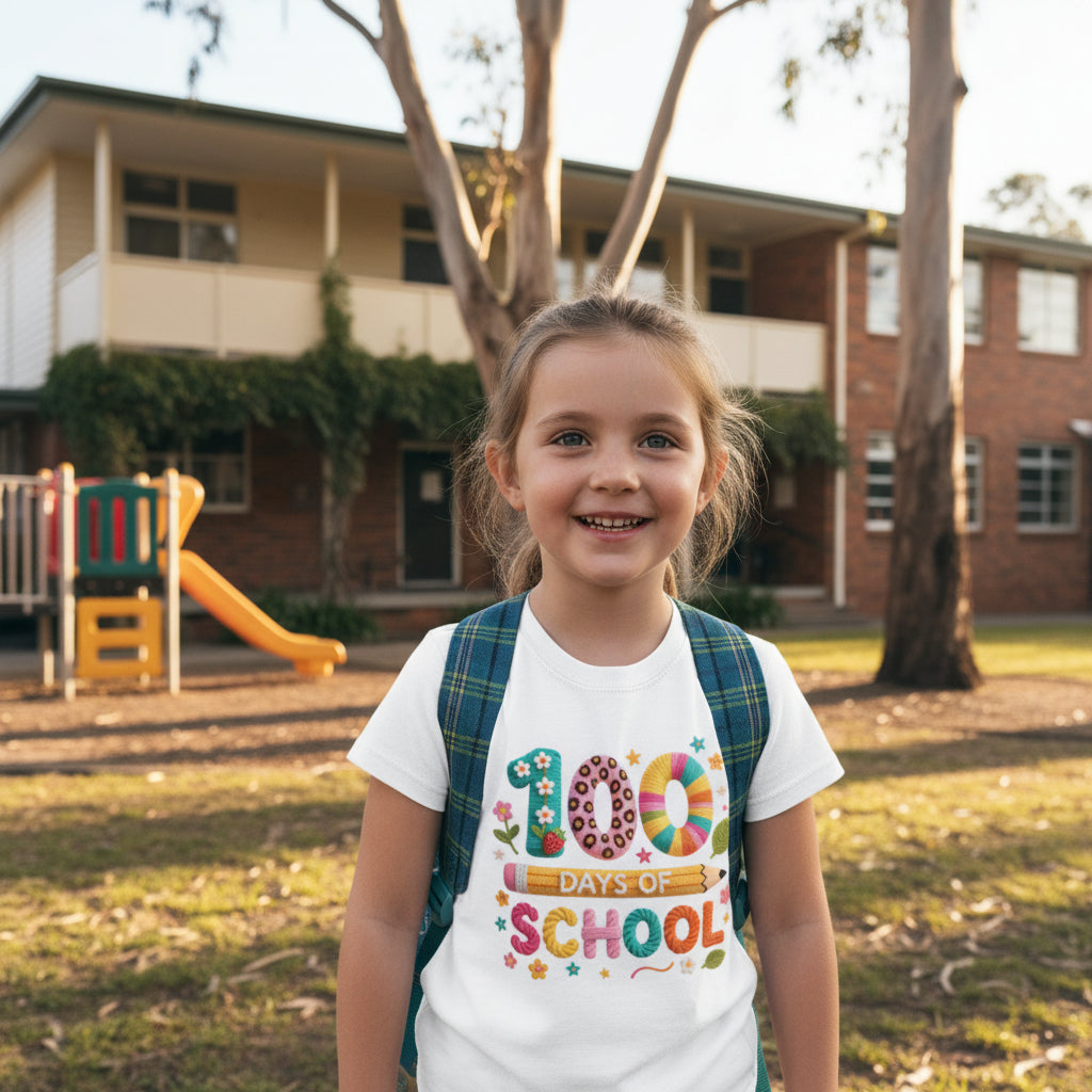White kids t-shirt with 100 Days Of School in an embroidery style yarn lettering with flowers and a pencil.