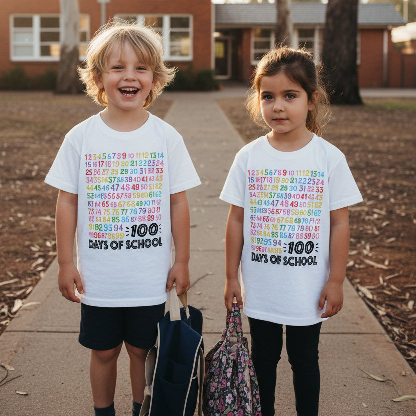 Two children standing outdoors on a sidewalk in front of a school building, wearing matching white graphic T-shirts with a colorful countdown of numbers ending in '100 DAYS OF SCHOOL' printed on the front.