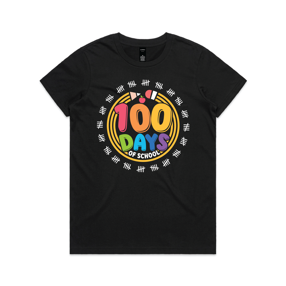A black short-sleeve crewneck t-shirt featuring a colorful graphic on the chest that reads '100 DAYS OF SCHOOL' with a pencil illustration and tally marks.