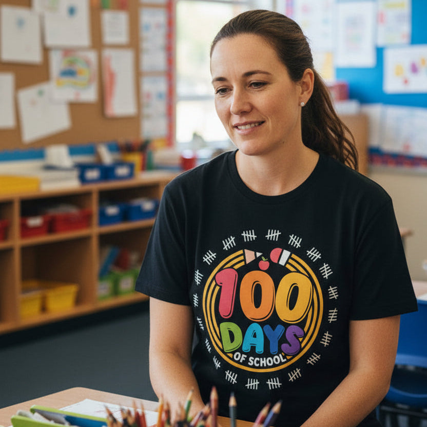 A woman wearing a black graphic t-shirt that reads '100 DAYS OF SCHOOL' in colorful letters, standing behind a desk in a classroom setting.