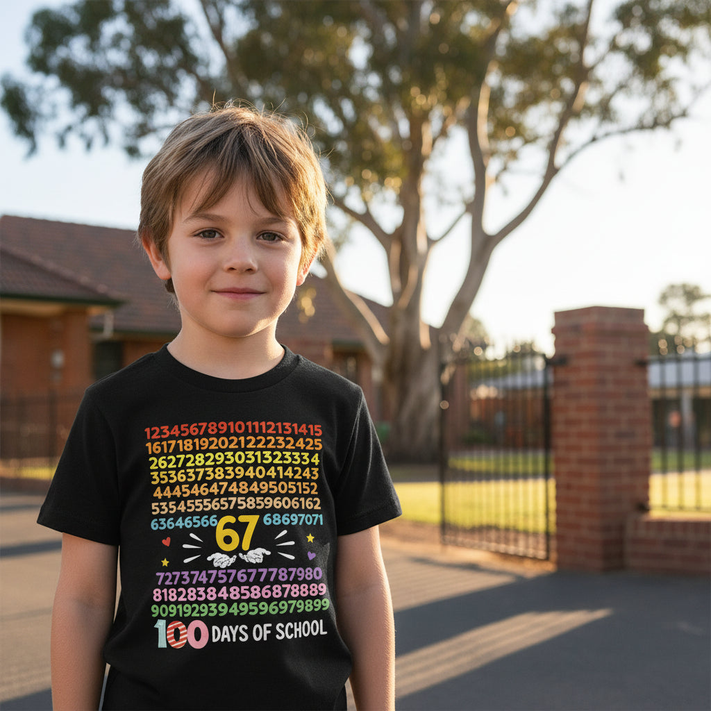 Black kids t-shirt counting from 1 to 100 in rainbow colours with the number 67 enlarged and two hands below it.
