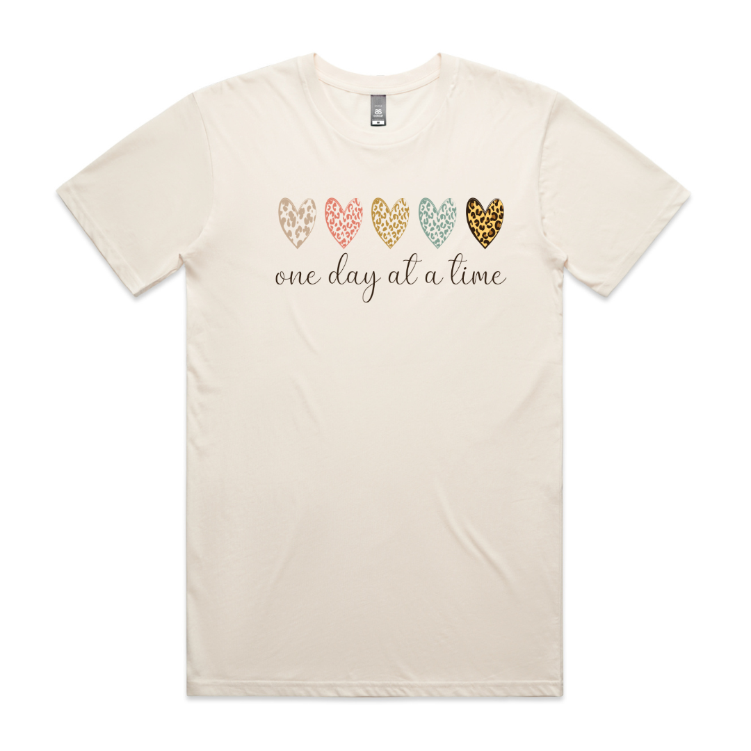 One Day At A Time T-Shirt – Leopard Print Hearts Tee