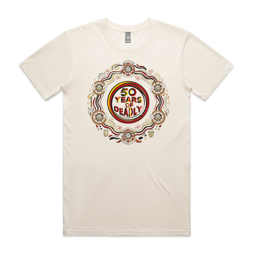 Natural t-shirt with a 50 Years of Deadly NAIDOC Week 2026 design in red, black and yellow.