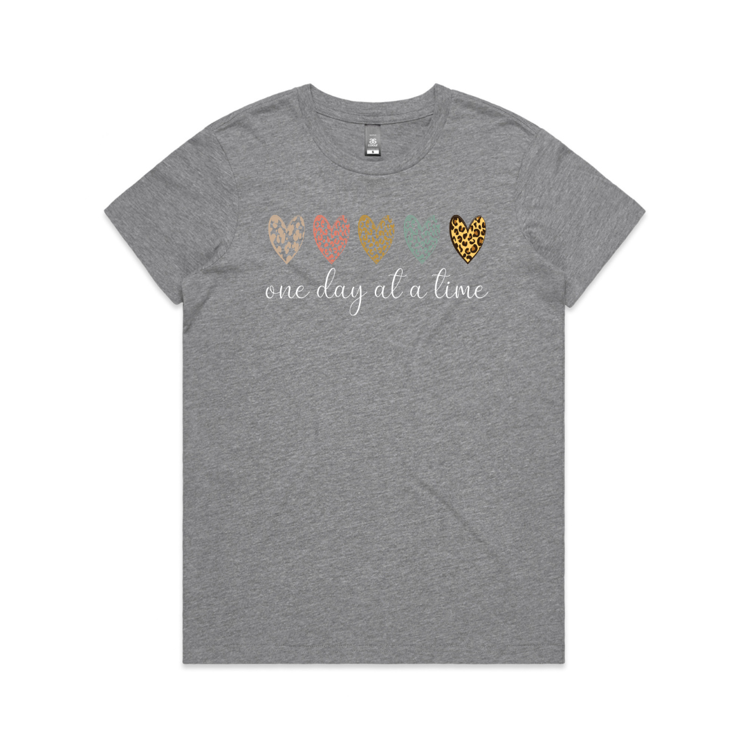 One Day At A Time T-Shirt – Leopard Print Hearts Tee