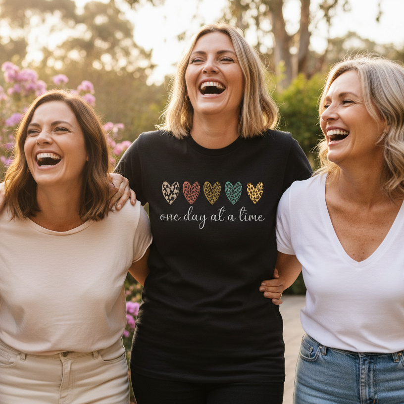 One Day At A Time T-Shirt – Leopard Print Hearts Tee