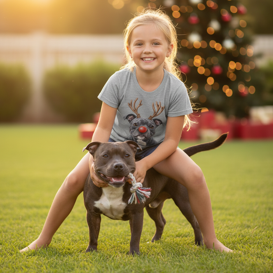 Blue English Staffy Reindeer Christmas T-Shirt