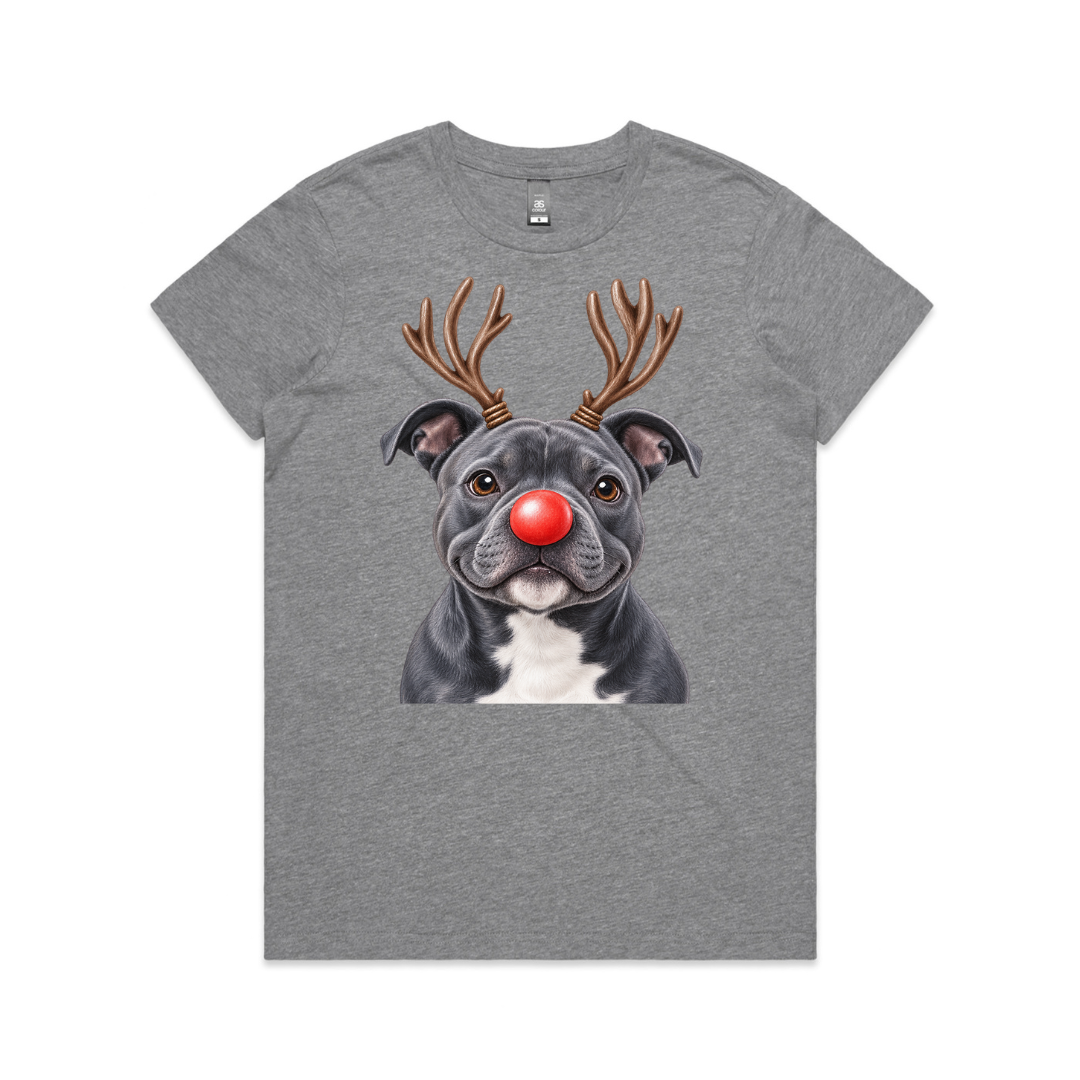 Blue English Staffy Reindeer Christmas T-Shirt