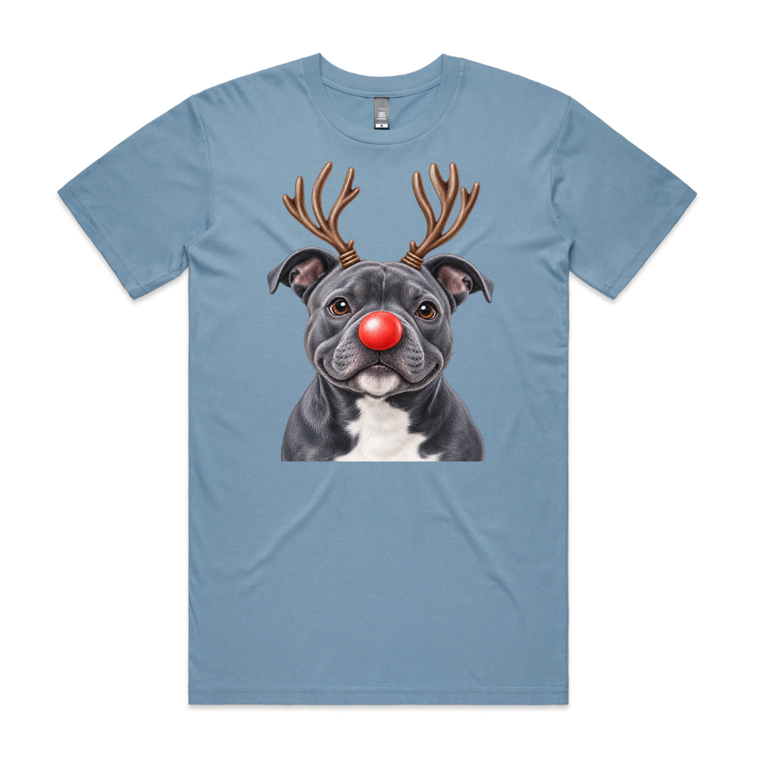 Blue English Staffy Reindeer Christmas T-Shirt
