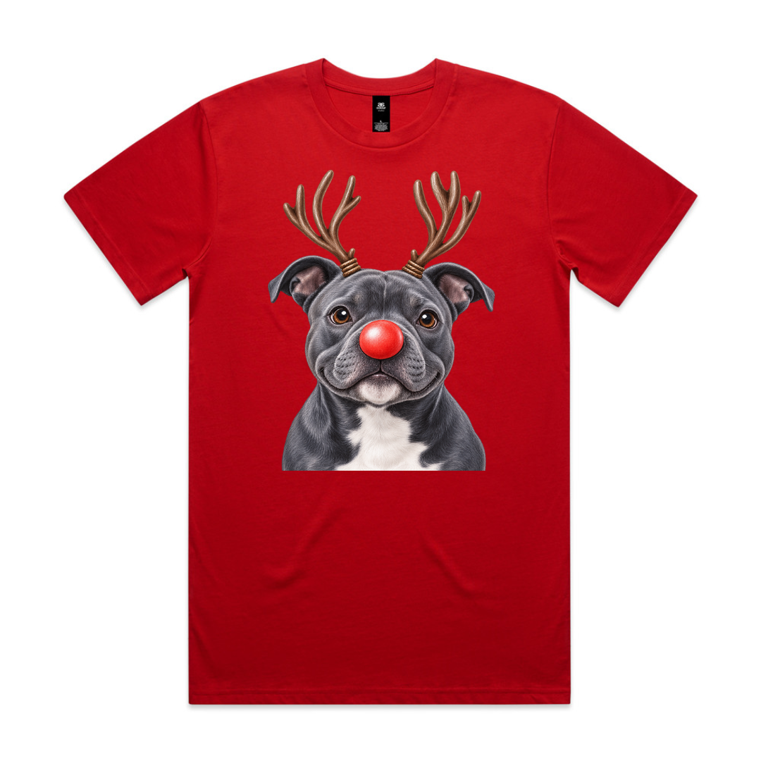 Blue English Staffy Reindeer Christmas T-Shirt