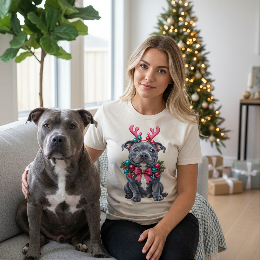 Natural coloured women's t-shirt with illustrated Blue Staffy puppy wearing pink antlers and Christmas wreath collar