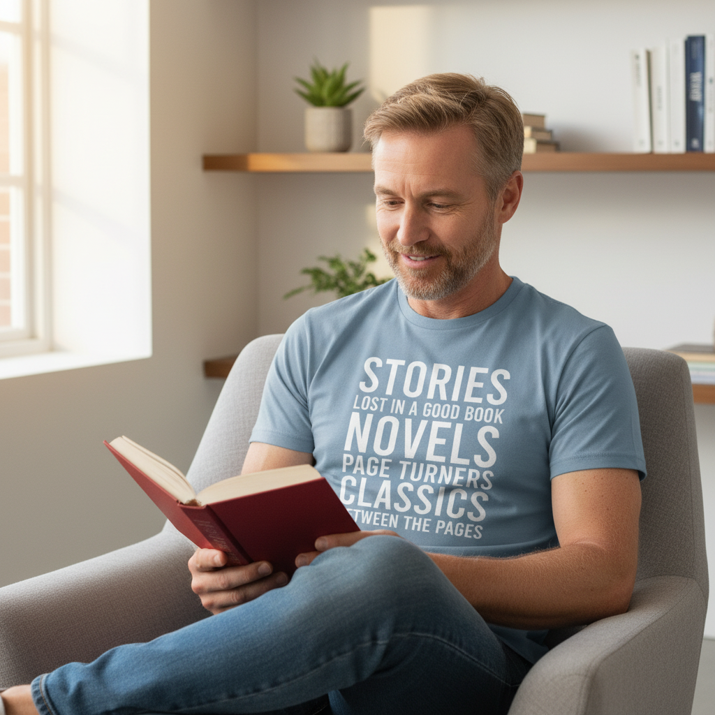 A light blue crewneck t-shirt with white text on the front reading 'STORIES LOST IN A GOOD BOOK NOVELS PAGE TURNERS CLASSICS BETWEEN THE PAGES', displayed flat against a white background.