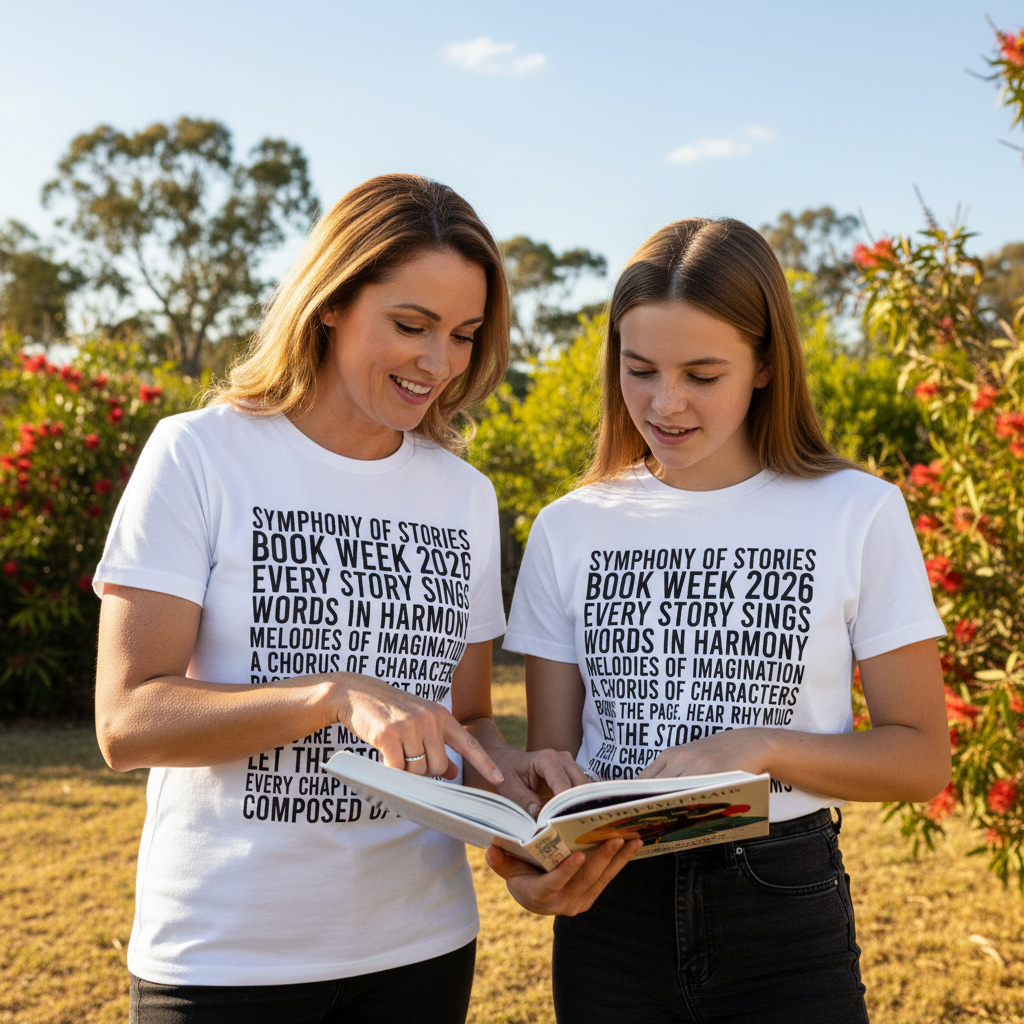 White t-shirt with a Symphony of Stories Book Week 2026 word art design in stacked black text.