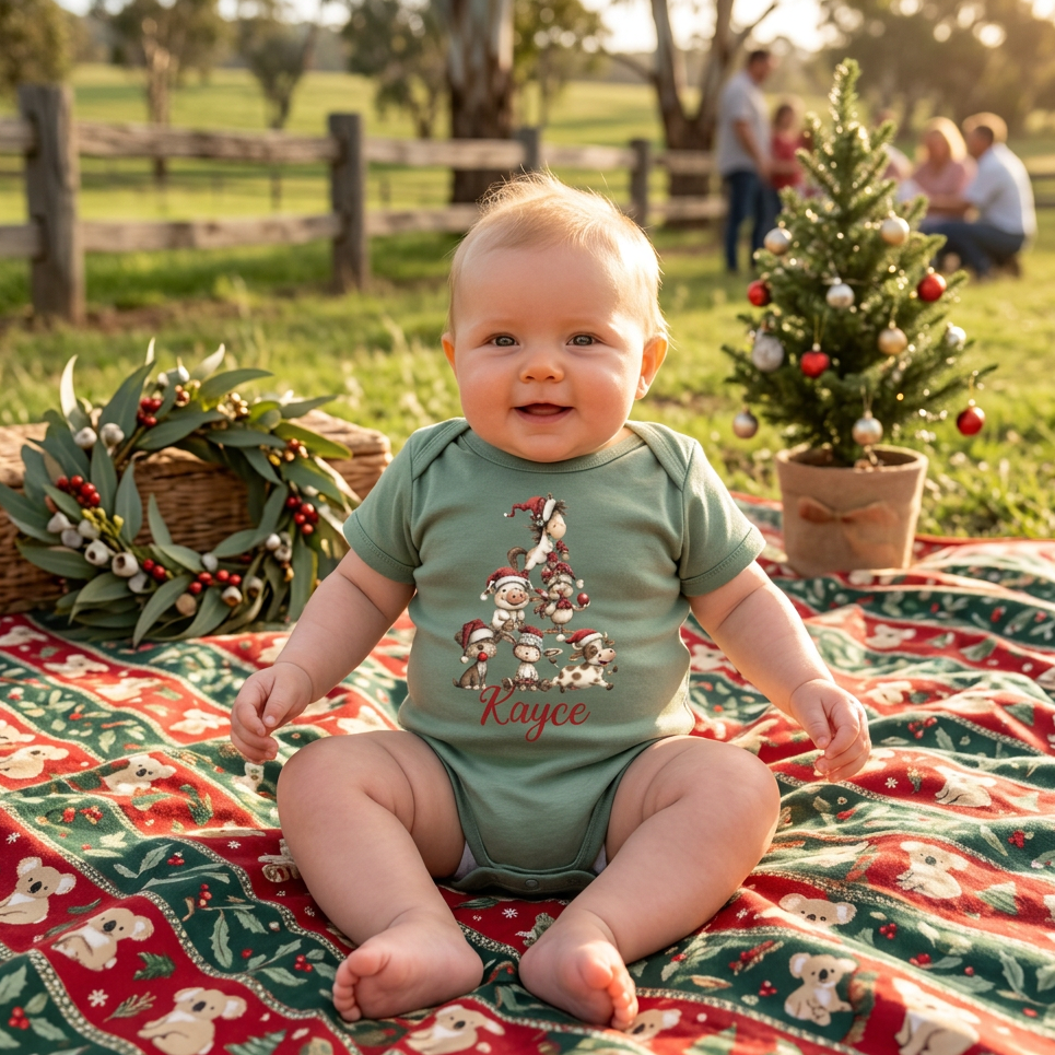 A sage green short-sleeve baby bodysuit featuring a graphic of stacked cartoon dogs wearing Santa hats forming a Christmas tree, with the name 'Kayce' printed in red cursive below.