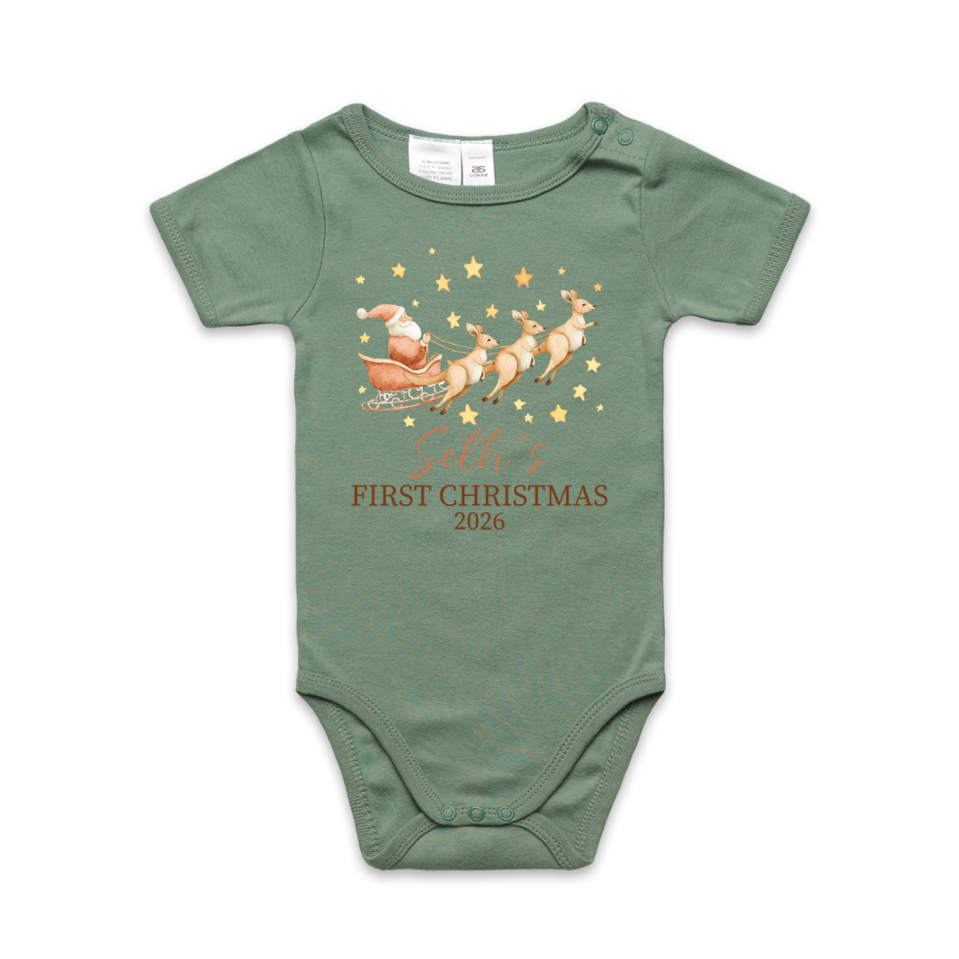 Personalised First Christmas T-Shirt – Kangaroo Santa Sleigh Baby