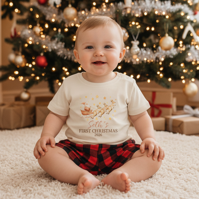 Personalised First Christmas T-Shirt – Kangaroo Santa Sleigh Baby