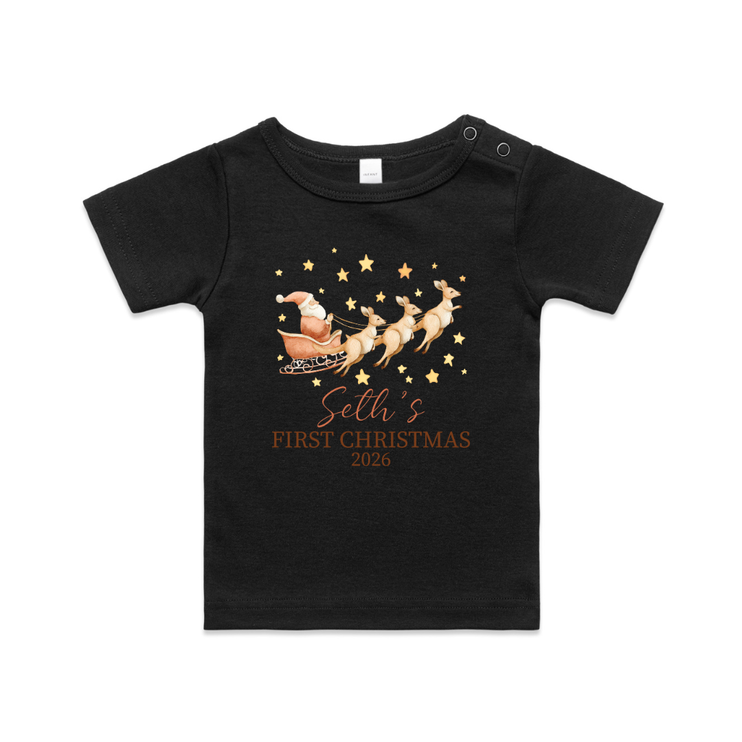 Personalised First Christmas T-Shirt – Kangaroo Santa Sleigh Baby