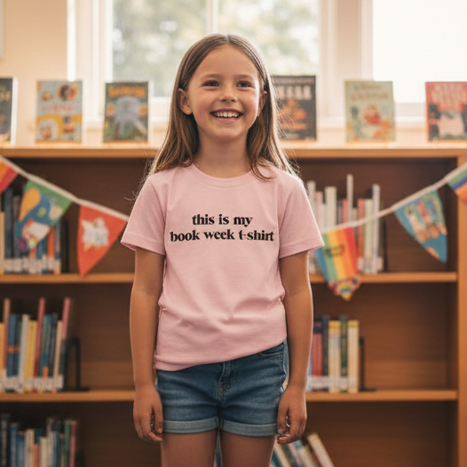 Pink kids t-shirt reading this is my book week t-shirt worn by a child in a library.