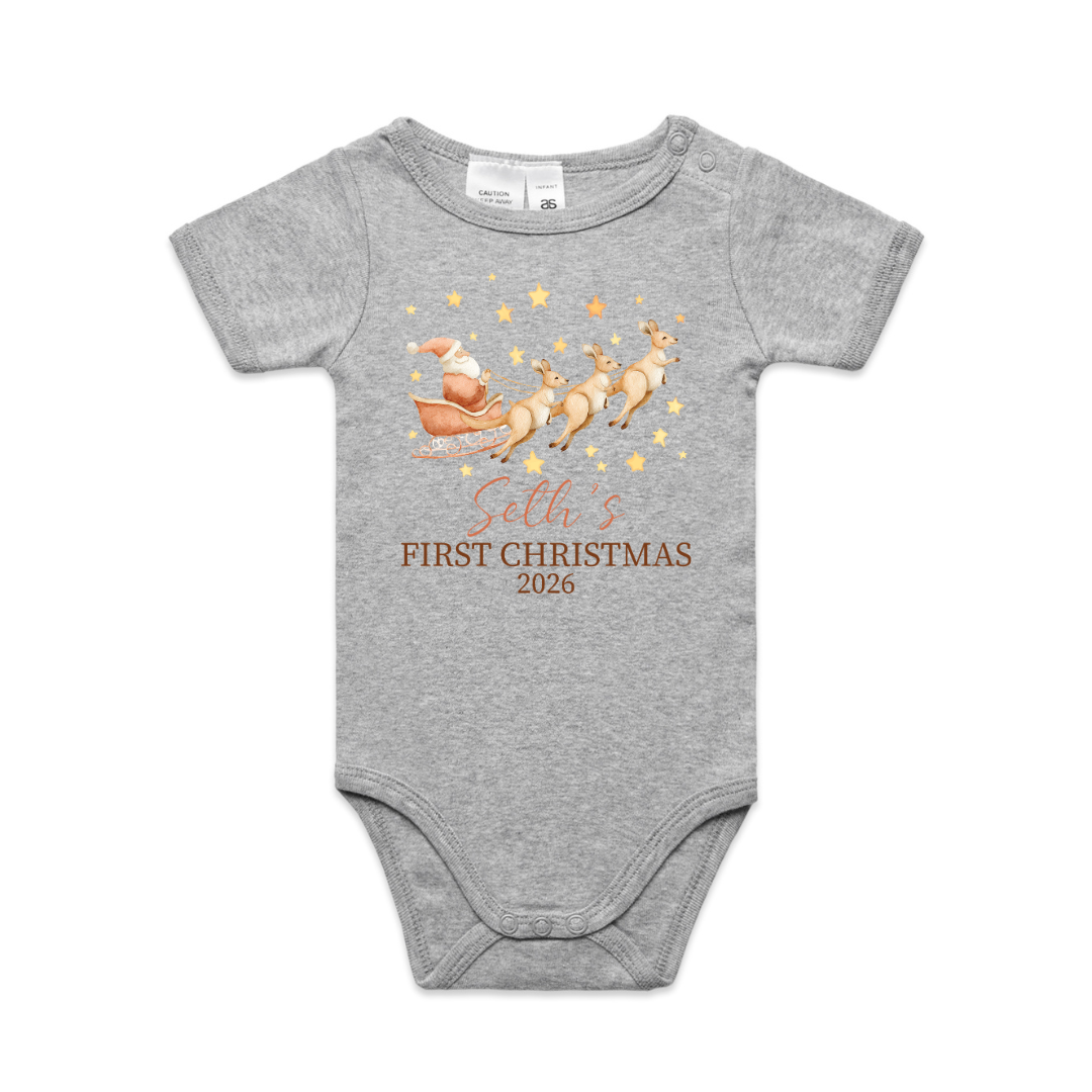 Personalised First Christmas T-Shirt – Kangaroo Santa Sleigh Baby