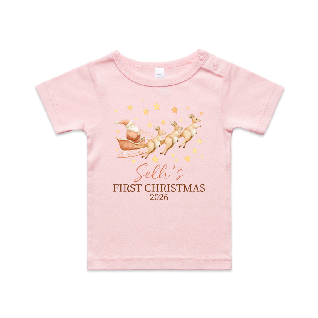 Personalised First Christmas T-Shirt – Kangaroo Santa Sleigh Baby